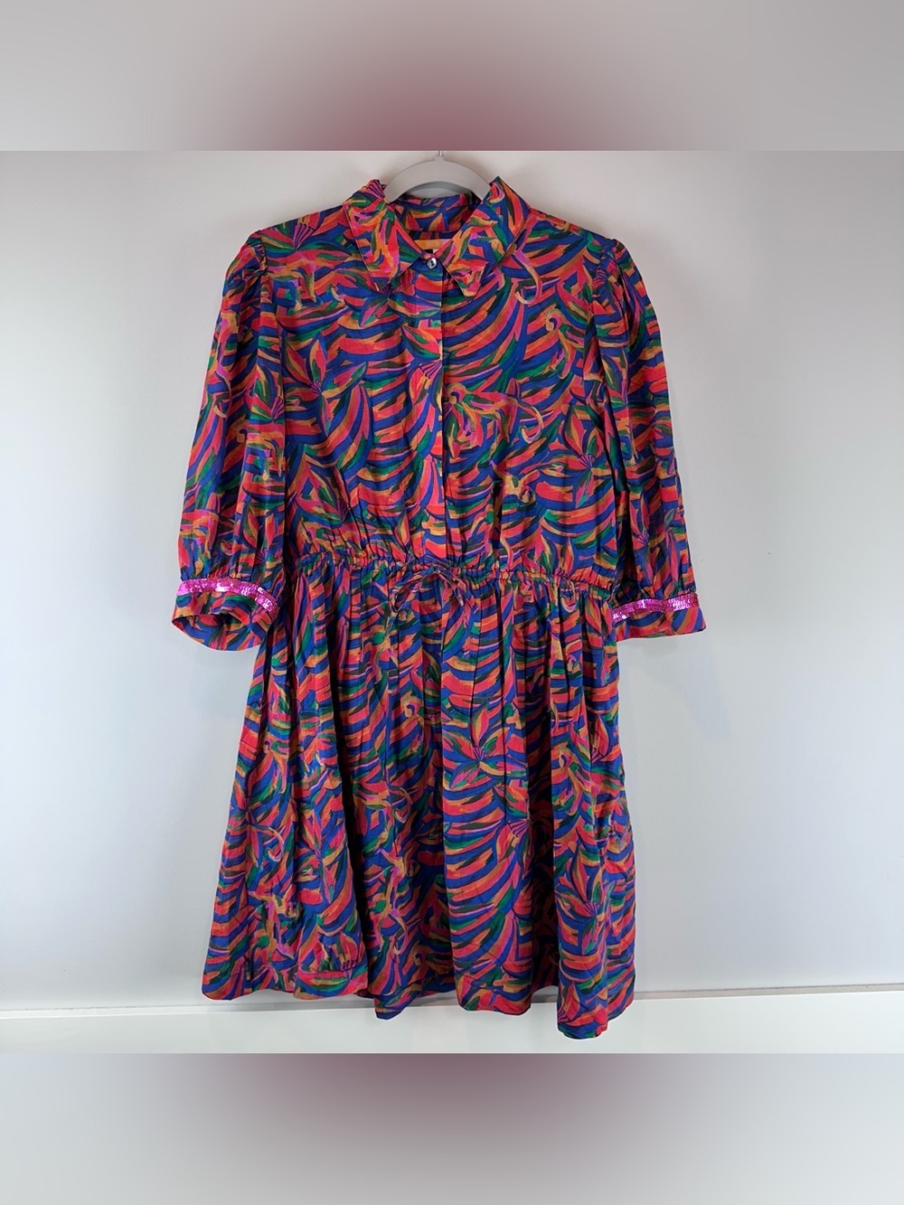Briton Court Red Blue Sequin Drawstring Waist Statement Eva Mini Dress Medium